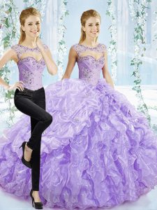 Graceful Lavender Sleeveless Organza Brush Train Lace Up Sweet 16 Dresses for Sweet 16 and Quinceanera