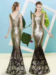 Floor Length Zipper Gold for Prom and Party with Sequins