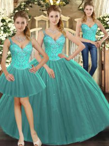 Fantastic Floor Length Ball Gowns Sleeveless Turquoise Quinceanera Gown Lace Up