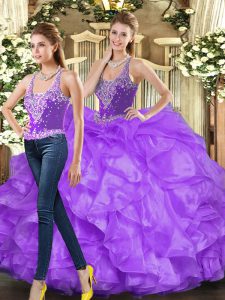 Tulle Straps Sleeveless Lace Up Beading and Ruffles Sweet 16 Quinceanera Dress in Eggplant Purple and Purple