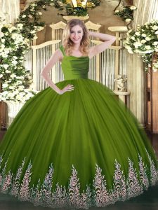 Super Olive Green Zipper Straps Beading and Appliques Quince Ball Gowns Tulle Sleeveless