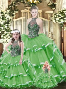 Green Tulle Lace Up 15th Birthday Dress Sleeveless Floor Length Beading and Ruffled Layers