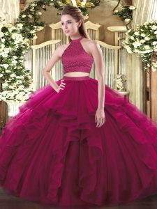 Stunning Floor Length Fuchsia Ball Gown Prom Dress Halter Top Sleeveless Backless