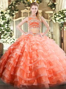 Custom Design Tulle High-neck Sleeveless Backless Beading and Ruffled Layers 15th Birthday Dress in Orange Red