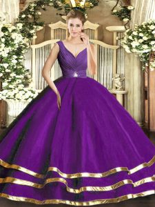 Most Popular Tulle V-neck Sleeveless Backless Ruffled Layers Quinceanera Gowns in Purple