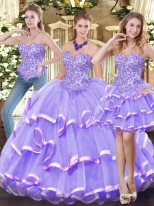 Organza Sweetheart Sleeveless Zipper Appliques and Ruffled Layers Quince Ball Gowns in Lavender