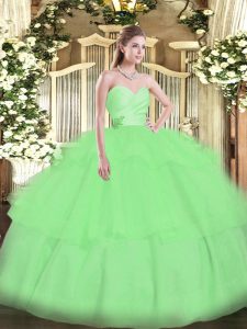 Sleeveless Floor Length Beading and Ruffled Layers Lace Up 15 Quinceanera Dress with Apple Green