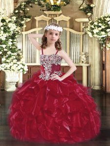 Wine Red Straps Neckline Appliques and Ruffles Girls Pageant Dresses Sleeveless Lace Up