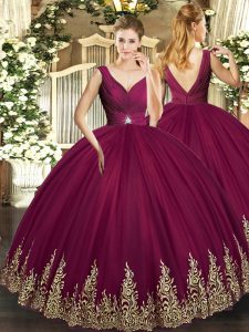 Burgundy Tulle Backless V-neck Sleeveless Floor Length Ball Gown Prom Dress Beading and Appliques and Ruching