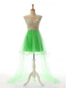 Excellent High Low Green Evening Dress Tulle Sleeveless Appliques