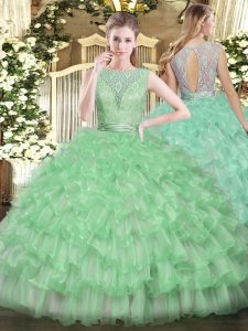 Beauteous Apple Green Sleeveless Beading and Ruffled Layers Floor Length Vestidos de Quinceanera
