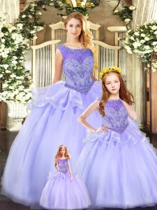 Pretty Sleeveless Floor Length Beading Lace Up Quince Ball Gowns with Lavender