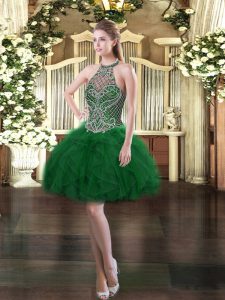 Stylish Halter Top Sleeveless Lace Up Prom Party Dress Dark Green Tulle