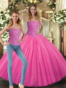 Stunning Hot Pink Sleeveless Tulle Lace Up Quinceanera Dresses for Military Ball and Sweet 16 and Quinceanera