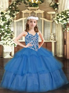 Modern Ball Gowns Pageant Dress Baby Blue Straps Organza Sleeveless Floor Length Lace Up