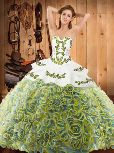 Colorful Sweep Train Ball Gowns 15th Birthday Dress Multi-color Strapless Satin and Fabric With Rolling Flowers Sleeveless With Train Lace Up