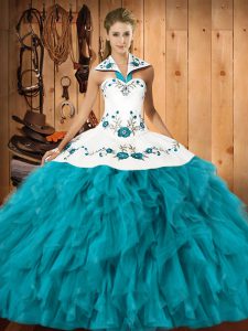 Teal Lace Up 15th Birthday Dress Embroidery and Ruffles Sleeveless Floor Length