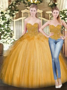 Eye-catching Sleeveless Tulle Floor Length Lace Up Sweet 16 Quinceanera Dress in Gold with Beading and Ruffles