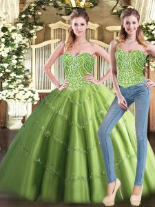 Luxurious Ball Gowns Quinceanera Dresses Olive Green Sweetheart Tulle Sleeveless Floor Length Lace Up
