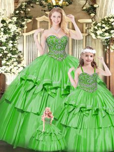 Floor Length Green Sweet 16 Dress Organza Sleeveless Beading and Ruffled Layers