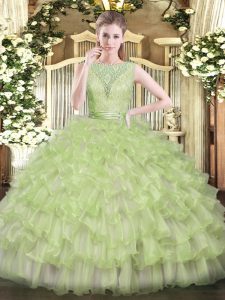 Customized Sleeveless Backless Floor Length Beading and Ruffled Layers Quinceanera Gown