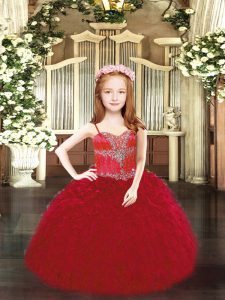 Excellent Wine Red Organza Lace Up Spaghetti Straps Sleeveless Floor Length Little Girl Pageant Gowns Beading and Ruffles