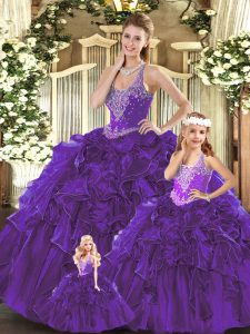 Dynamic Straps Sleeveless Sweet 16 Quinceanera Dress Floor Length Beading and Ruffles Purple Organza