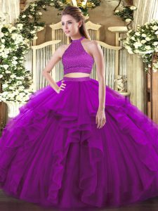 Halter Top Sleeveless Backless Quinceanera Gowns Purple Tulle