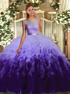 Low Price Multi-color Tulle Backless Quinceanera Gown Sleeveless Floor Length Beading and Ruffles
