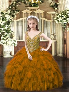 Excellent Floor Length Lace Up Pageant Dress Brown for Party and Quinceanera with Beading and Ruffles