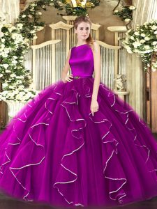 Glittering Ruffles Sweet 16 Quinceanera Dress Fuchsia Clasp Handle Sleeveless Floor Length