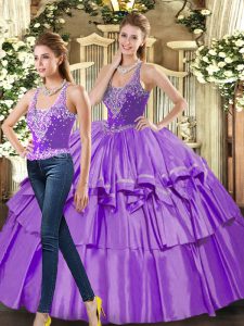 Most Popular Eggplant Purple Sleeveless Floor Length Ruffled Layers Lace Up Ball Gown Prom Dress