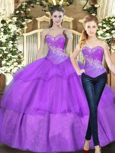 High End Sleeveless Floor Length Beading and Ruffled Layers Lace Up Sweet 16 Quinceanera Dress with Eggplant Purple