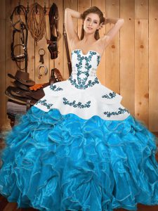 Hot Selling Sleeveless Floor Length Embroidery and Ruffles Lace Up Sweet 16 Dress with Teal