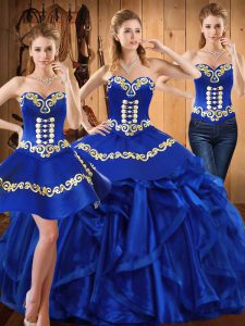 Custom Fit Royal Blue Quinceanera Dresses Military Ball and Sweet 16 and Quinceanera with Embroidery and Ruffles Sweetheart Sleeveless Lace Up