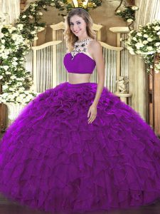 Traditional Purple Backless Halter Top Beading and Ruffles Sweet 16 Quinceanera Dress Tulle Sleeveless