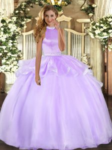 Glamorous Floor Length Lavender Sweet 16 Dresses Halter Top Sleeveless Backless