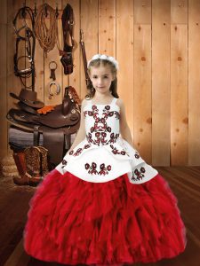 Enchanting Red Lace Up Pageant Dress for Womens Embroidery and Ruffles Sleeveless Floor Length