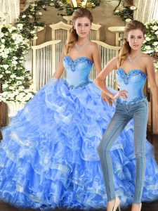 Floor Length Lace Up 15 Quinceanera Dress Baby Blue and Light Blue for Military Ball and Sweet 16 and Quinceanera with Beading and Ruffles