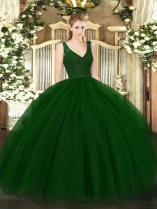New Style Dark Green Ball Gowns Tulle V-neck Sleeveless Beading and Lace Floor Length Backless Quinceanera Dress
