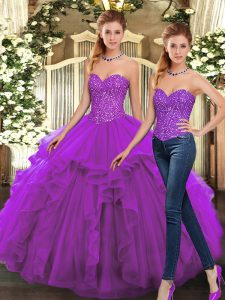 Sophisticated Purple Sweet 16 Dresses Military Ball and Sweet 16 and Quinceanera with Beading and Ruffles Sweetheart Sleeveless Lace Up