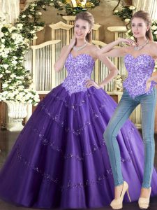 Amazing Purple Sleeveless Floor Length Beading Lace Up Quinceanera Dresses