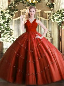 Trendy Rust Red Quinceanera Gown Military Ball and Sweet 16 and Quinceanera with Beading V-neck Sleeveless Zipper