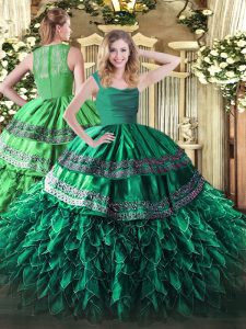 Dark Green Sleeveless Beading and Lace and Ruffles Floor Length Quinceanera Gowns