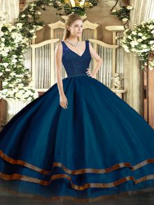 Elegant Navy Blue Sleeveless Floor Length Beading and Ruffled Layers Zipper Ball Gown Prom Dress