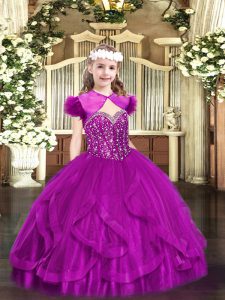Most Popular Straps Sleeveless Girls Pageant Dresses Floor Length Beading and Ruffles Fuchsia Tulle