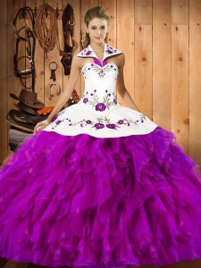 Exquisite Sleeveless Floor Length Embroidery and Ruffles Lace Up Sweet 16 Quinceanera Dress with Fuchsia