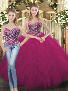 Sweetheart Sleeveless 15 Quinceanera Dress Floor Length Beading and Ruffles Fuchsia Organza