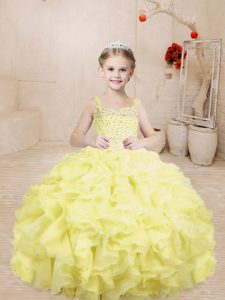Floor Length Lace Up Little Girls Pageant Dress Light Yellow for Sweet 16 and Quinceanera with Beading and Ruffles