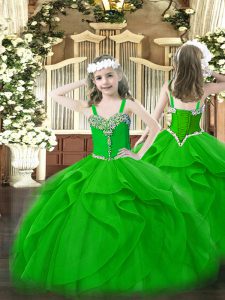 Green Lace Up Pageant Gowns For Girls Beading and Ruffles Sleeveless Floor Length